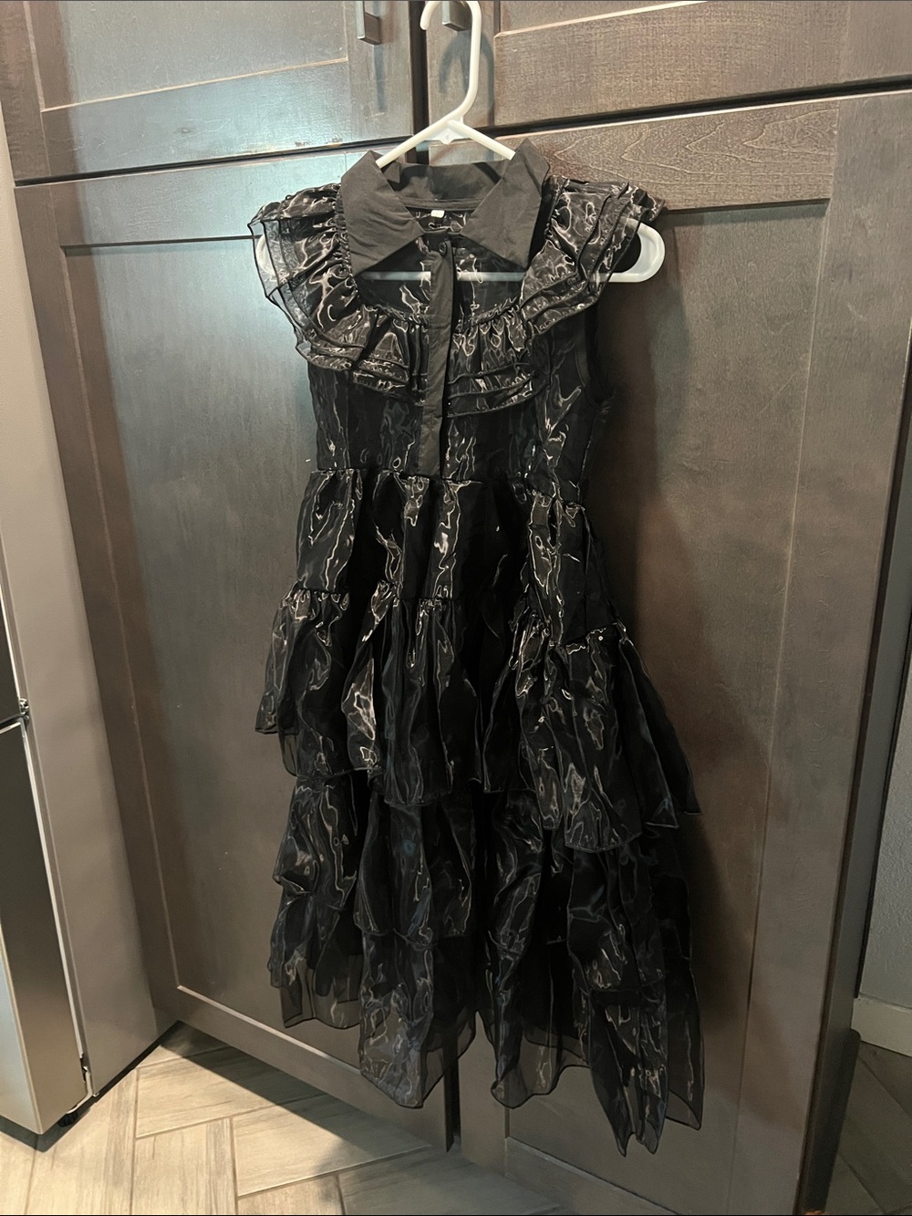 Girls' Black Ruffled Tiered Halloween Costume Dress with Collar